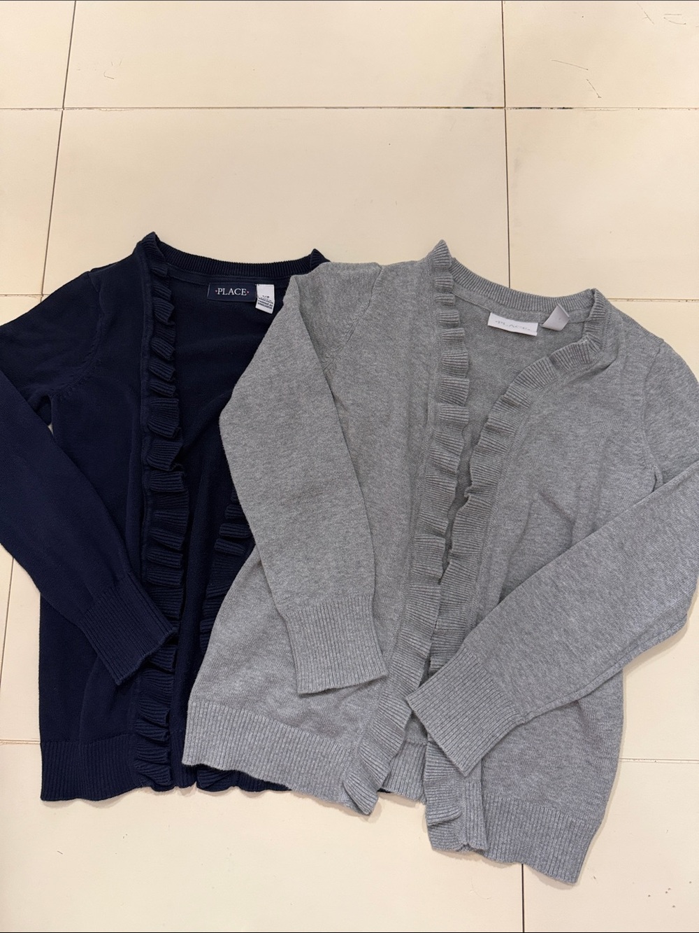 The Children's Place Girls Ruffle-Trim Cardigan Uniform Sweaters - Navy & Gray
